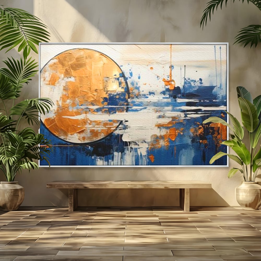 Tablou canvas cu tablou abstract cu luna aurie, in rama de aluminiu argintiu